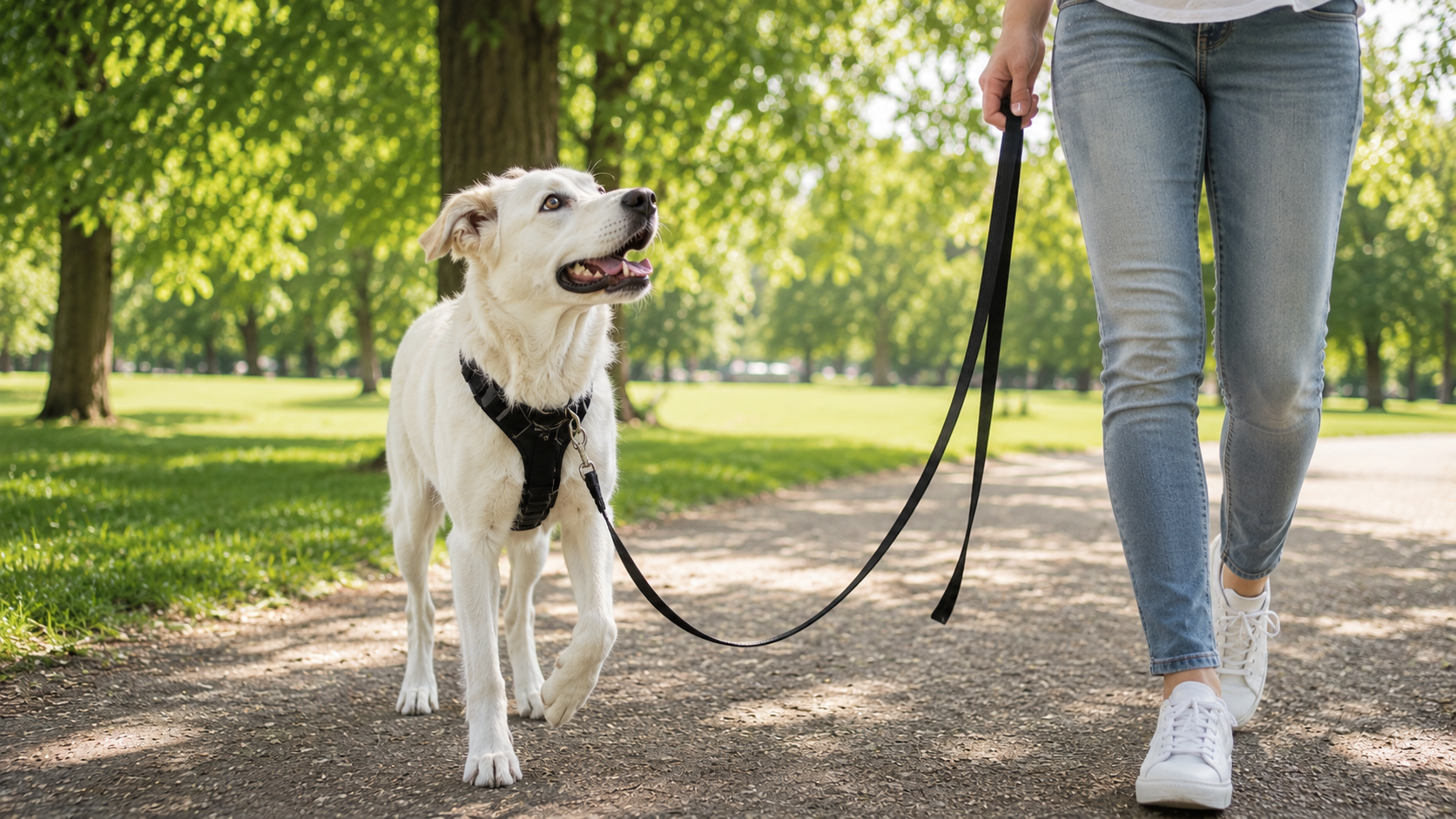Hund orientiert sich beim Leinentraining aufmerksam an seinem Menschen