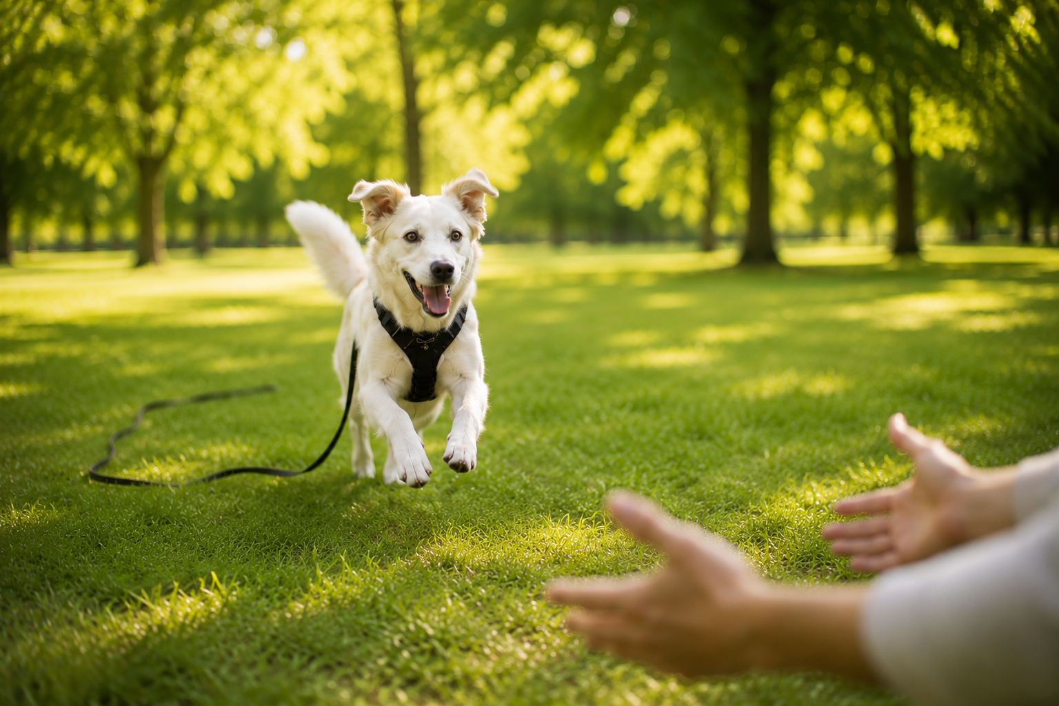Hund mit Schleppleine beim Rückruftraining auf einem Feldweg