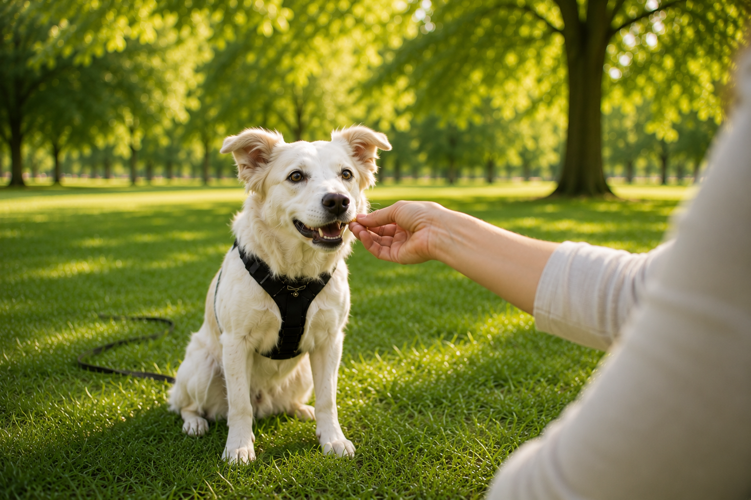 Hund sitzt nach dem Rückruf vor seinem Menschen und erhält ein Leckerli