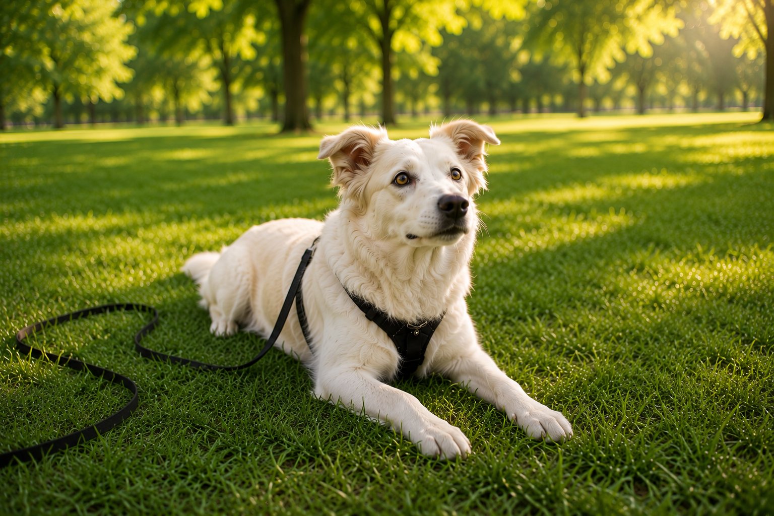 Hund liegt entspannt auf einem sicheren Untergrund im Platz