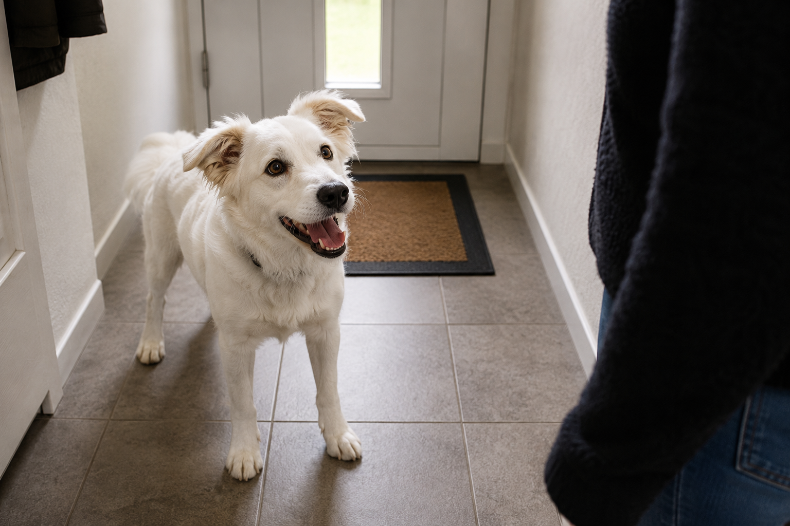 Hund steht bei der Begrüßung ruhig mit vier Pfoten am Boden