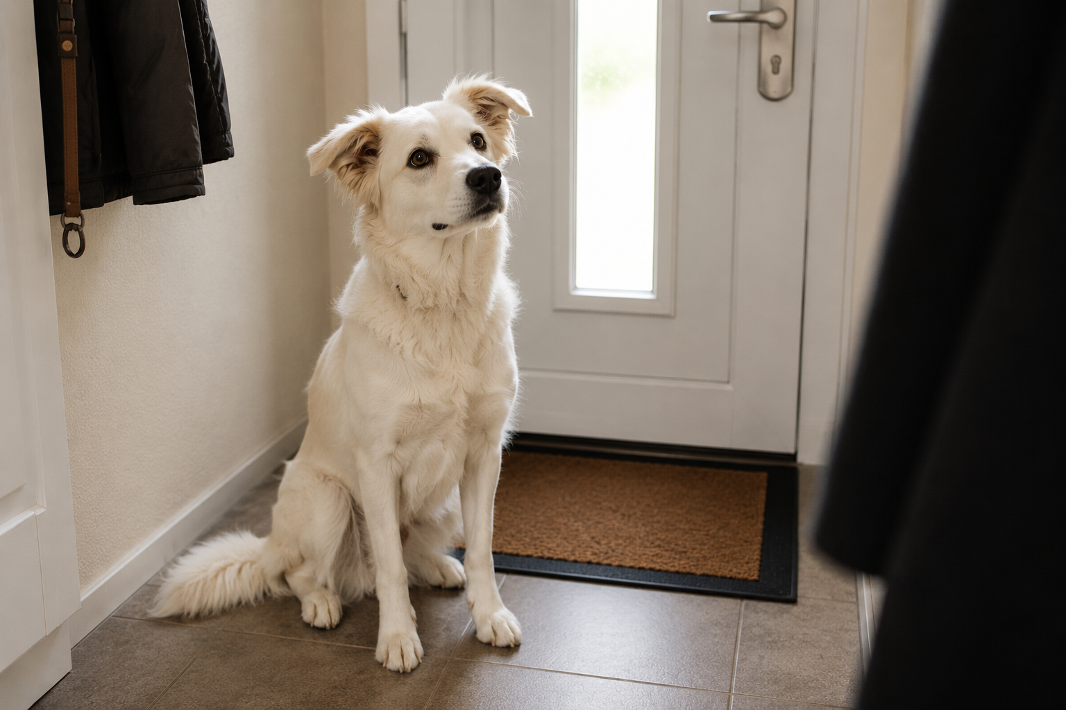 Hund wartet im Sitz ruhig an der Wohnungstür