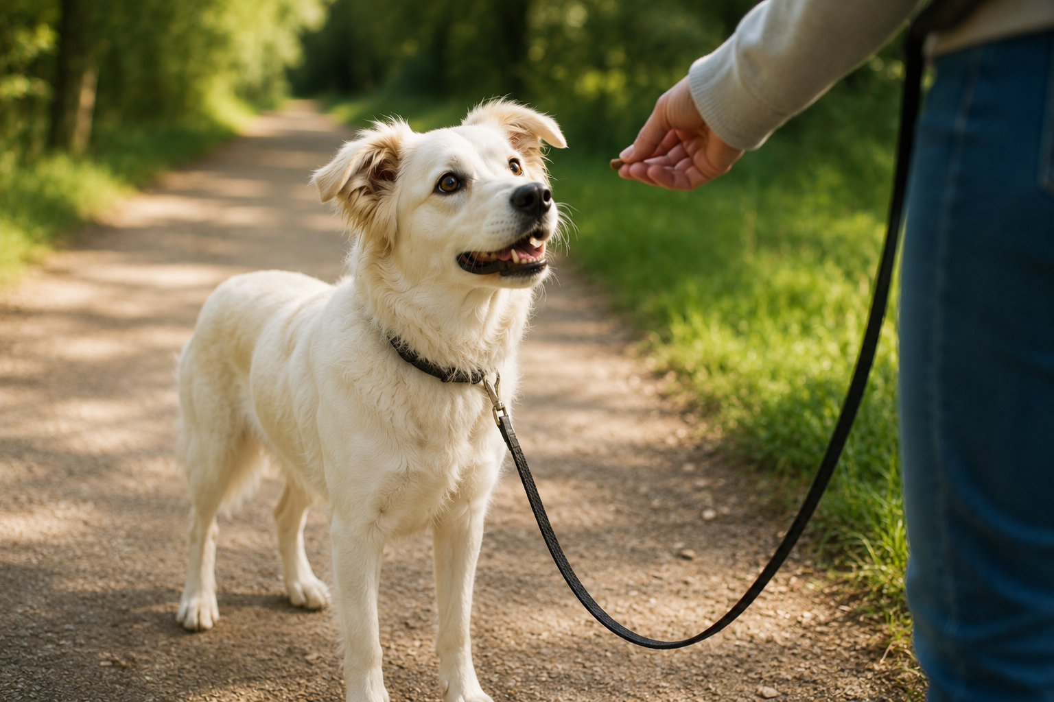 Hund erhält beim Leinentraining eine Belohnung an lockerer Leine