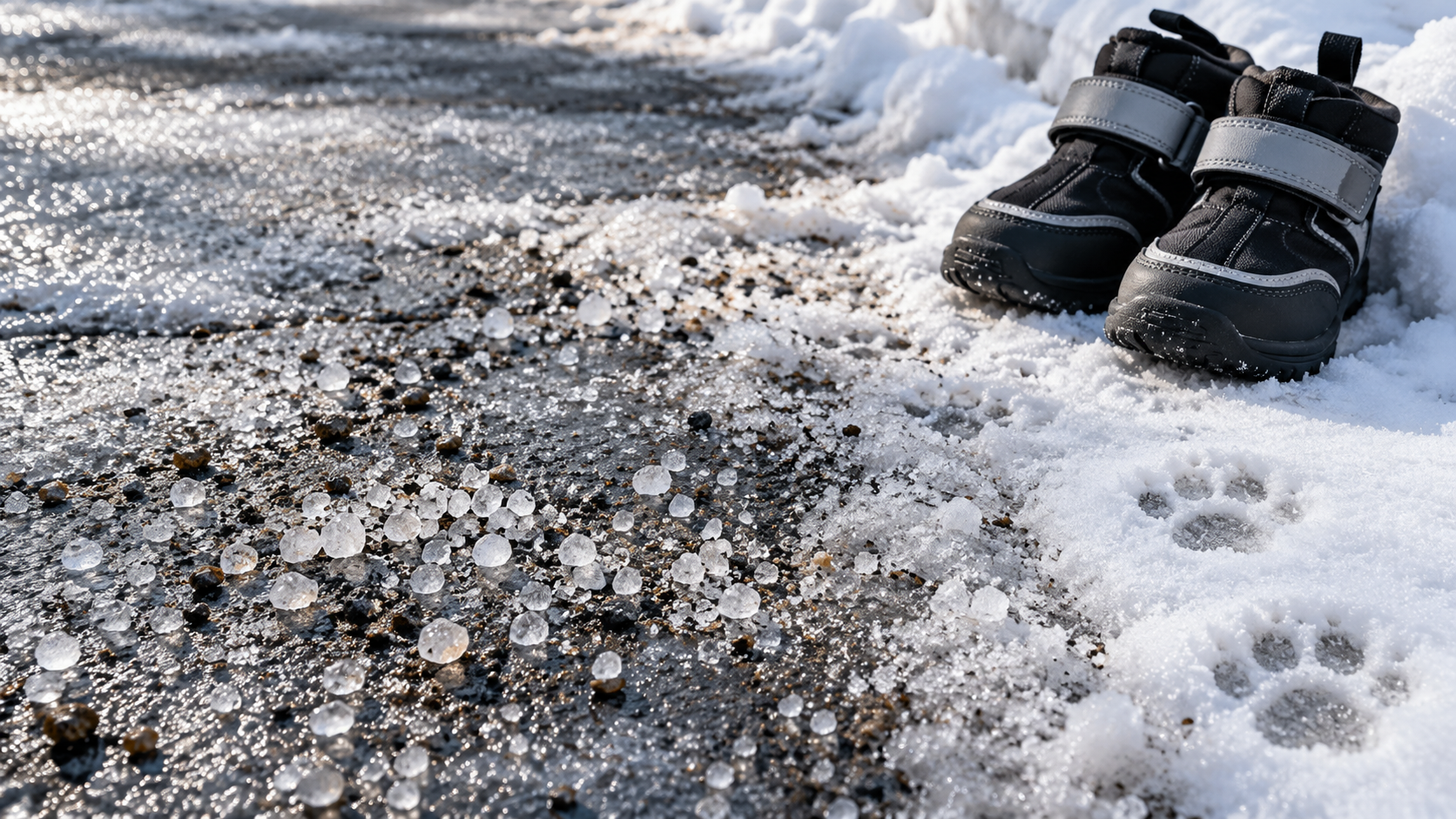Streusalz auf vereistem Winterweg mit Hundeschuhen