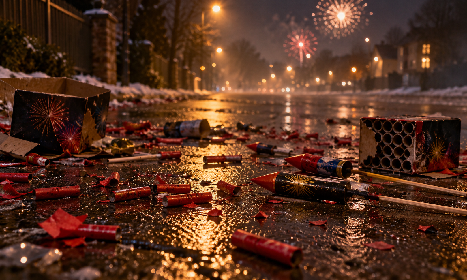 Abgebrannte Silvesterböller und Feuerwerkskörper auf einer nassen Straße
