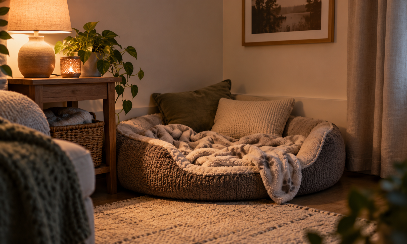 Gemütliches Hundebett mit weichen Decken und Kissen als sicherer Rückzugsort