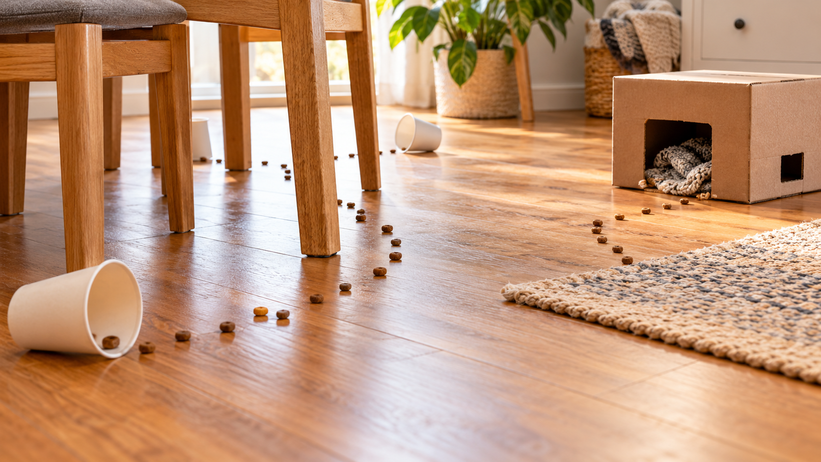 Kleine Futterspur für ein Suchspiel mit dem Hund zu Hause