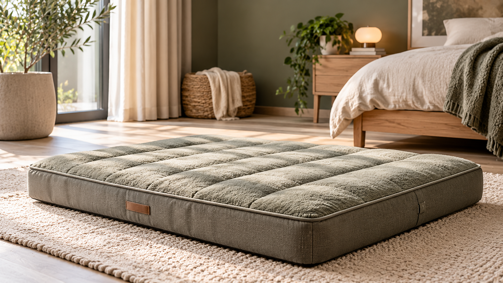 Flache grüne orthopädische Hundematratze in einem minimalistischen Schlafzimmer